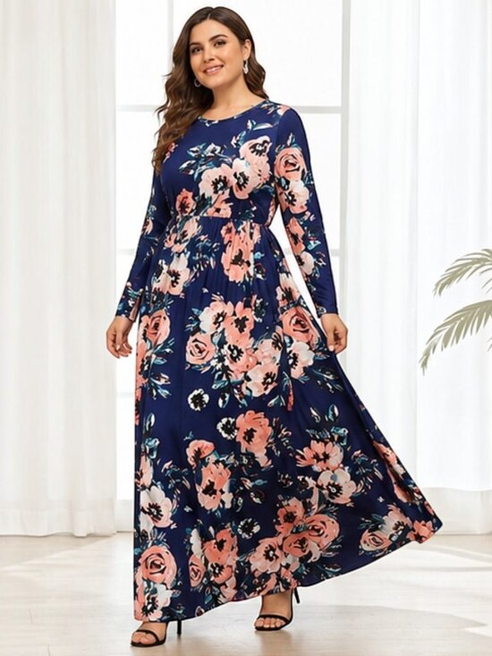 Dresses & Skirts - Women's Gathered Waist Navy Floral Print Bohemian Maxi Dress w/Pockets | XS-L